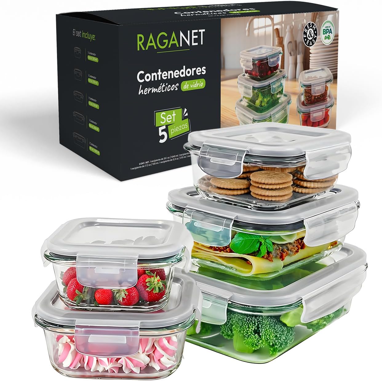 Raganet, Set De 5 Contenedores De Vidrio Herméticos Para Alimentos, Toppers Con Tapas De Cierre Fácil y Antifugas, Contenedores Meal Prep Para Microondas, Horno, Refrigerador y Lavavajillas, BPA Free