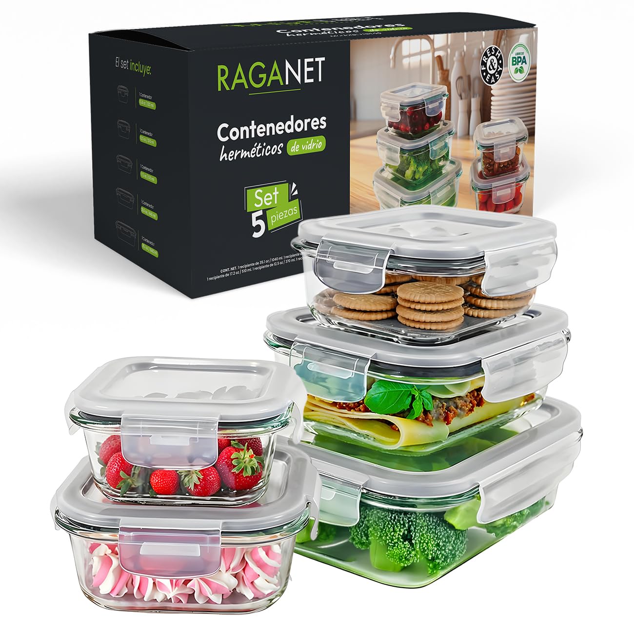 Raganet, Set De 5 Contenedores De Vidrio Herméticos Para Alimentos, Toppers Con Tapas De Cierre Fácil y Antifugas, Contenedores Meal Prep Para Microondas, Horno, Refrigerador y Lavavajillas, BPA Free