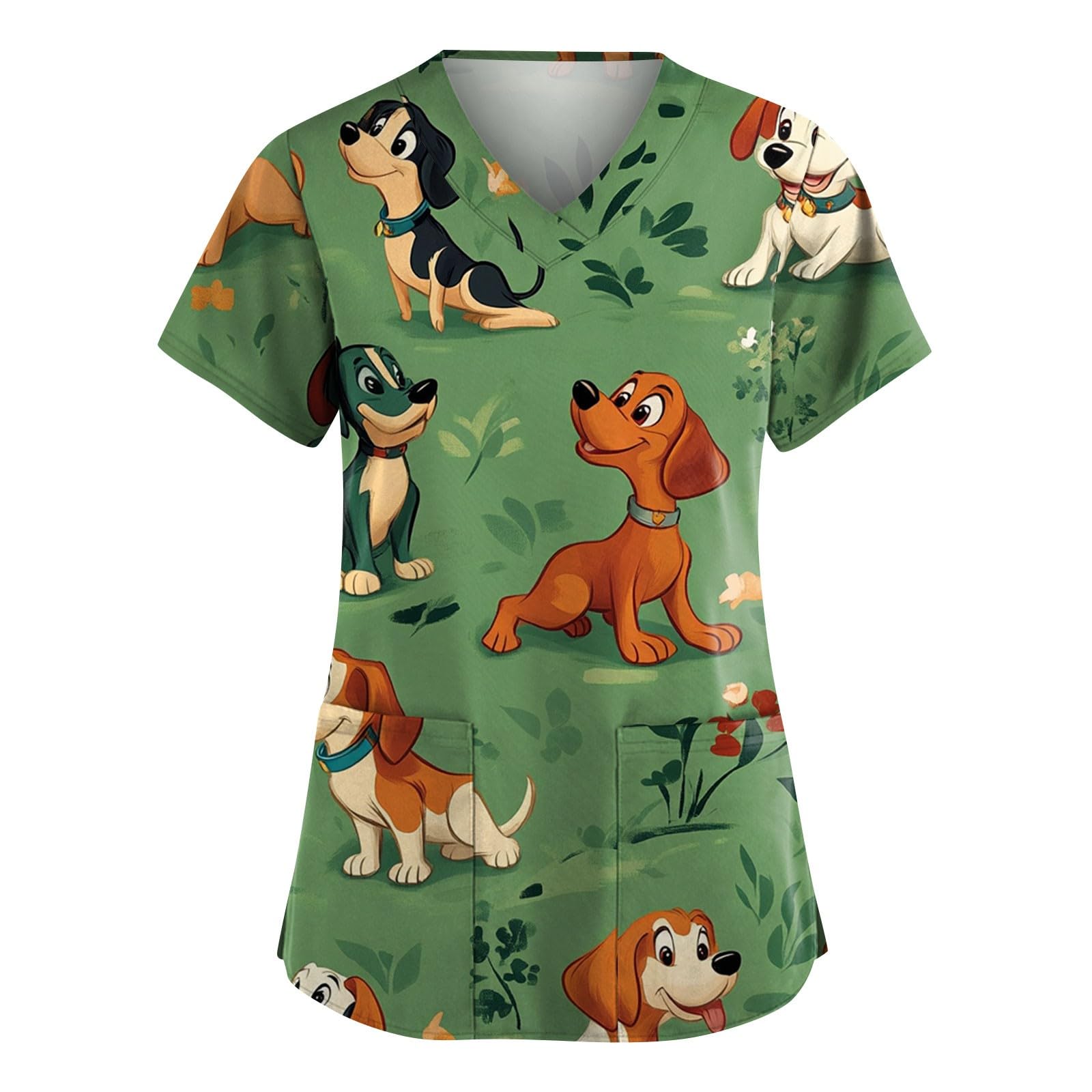 Scrubs for Women Animal Print Tops Short Sleeve Cartoon Pattern V Neck Stretchy Nursing Uniform with Pockets