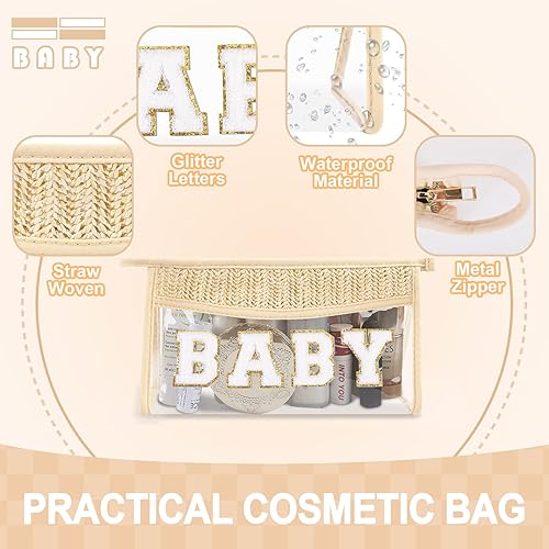 Miniatura 3 de Pequeñas bolsas de maquillaje transparentes de paja bohemia para mujeres y niñas, bolsa de cosméticos con cremallera de chenilla, bolsa de parche de