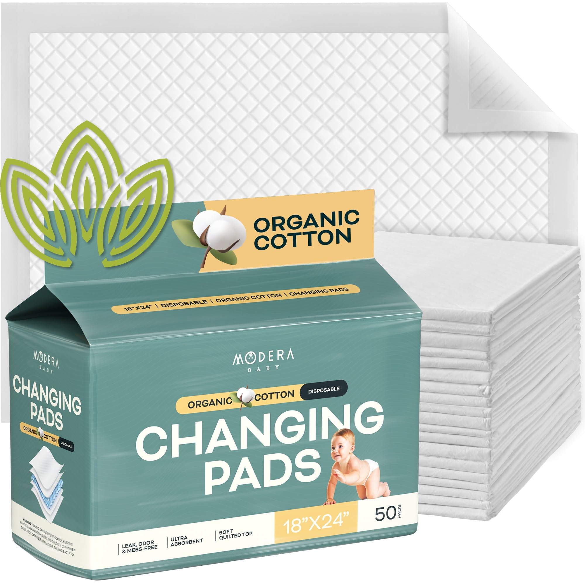 Organic Cotton Disposable Changing Pad Liners | Large 18x24 Hypoallergenic Ultra Absorbent & Waterproof Super Soft, Quilted Underpads for Baby Diaper Table & Travel, Leak Proof & Mess Free [50-Pack]