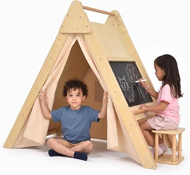 Avenlur Oak Foldable Triangle Climber 5 in 1 Kids Playhouse Hideaway Montessori Learning Play Tent, Desk, Chair Stool, Art Easel, Chalkboard, Teepee Climbing, Crawling Tunnel Toy Toddler Playset