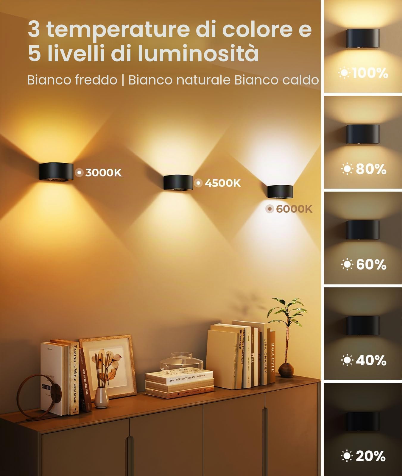 FULEN 4 lampade da parete a batteria con sensore di movimento, telecomando, 3 colori, LED, 3 modalità, ricaricabili, luminosità regolabile