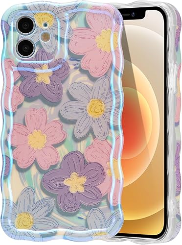 Miniatura 50 de EYZUTAK - Funda protectora de TPU para iPhone 12 Pro, estilo retro colorido, diseño láser brillante de pintura al óleo, estampado floral, borde Azul