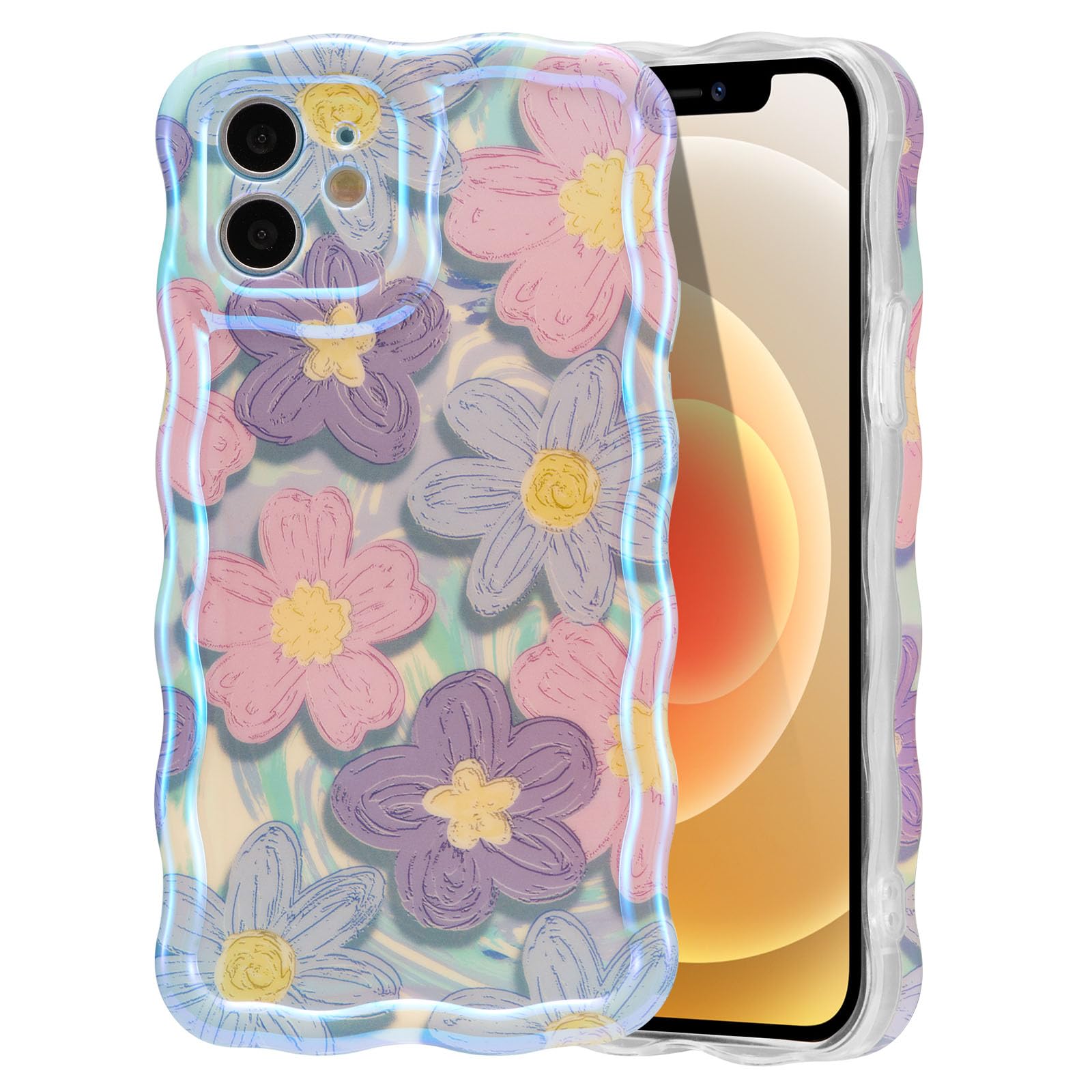 EYZUTAK Case for iPhone 15, Colorful Retro Oil Painting Flower Laser Beam Glossy Pattern Cute Curly Waves Border Exquisite Phone Cover Stylish Durable Soft TPU Protective Case for Girls Women - Green — view 88