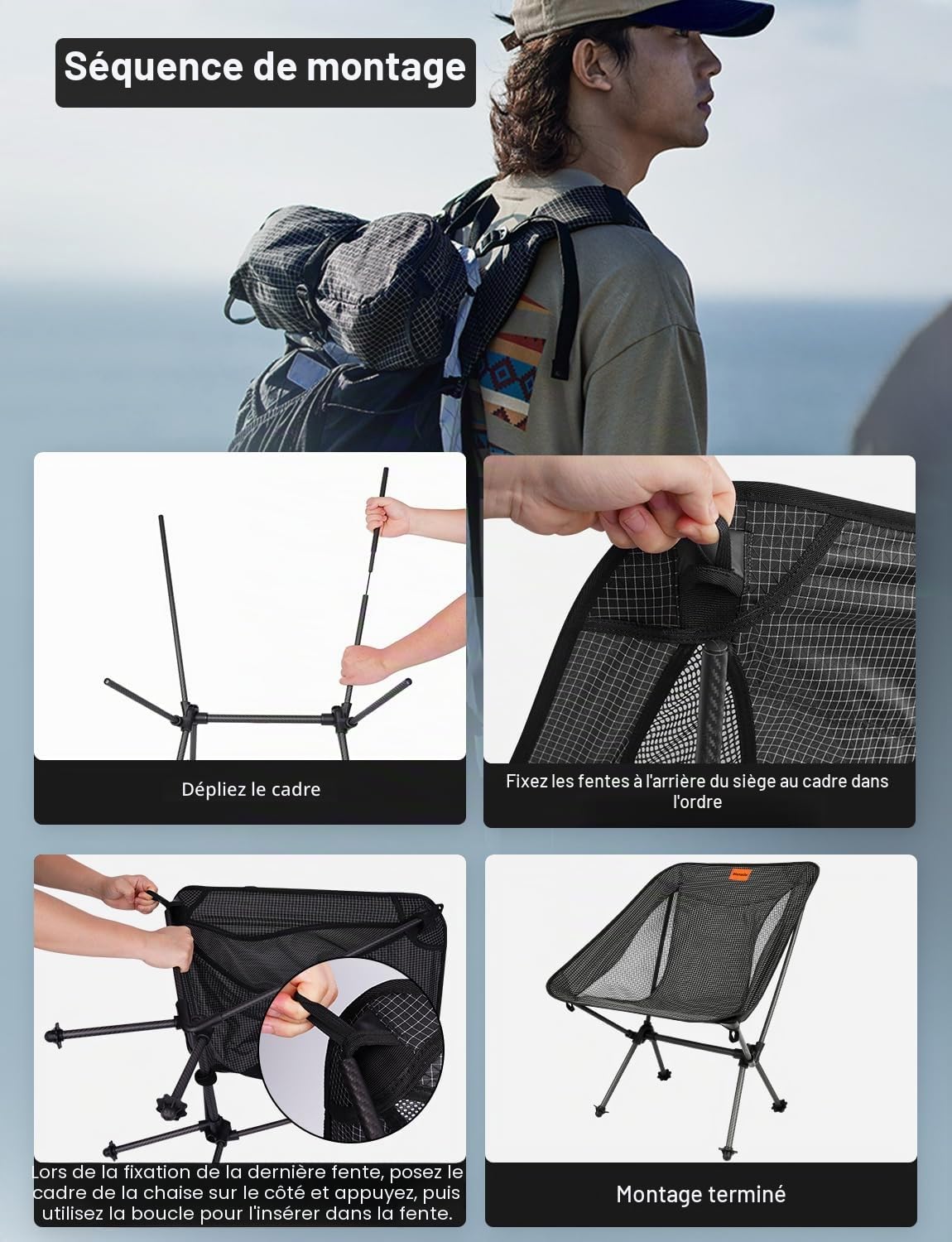 Chaise de camping pliable avec tissu Dyneema et cadre en fibre de carbone, poids léger 700 g, avec sac à main, convient pour les pique-niques, l'extérieur, la randonnée, capacité de charge 150