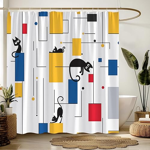 Cortina de ducha moderna de mediados de siglo, diseño geométrico abstracto de los años 50 y 1960, estilo vintage, colorido, minimalista, estético,