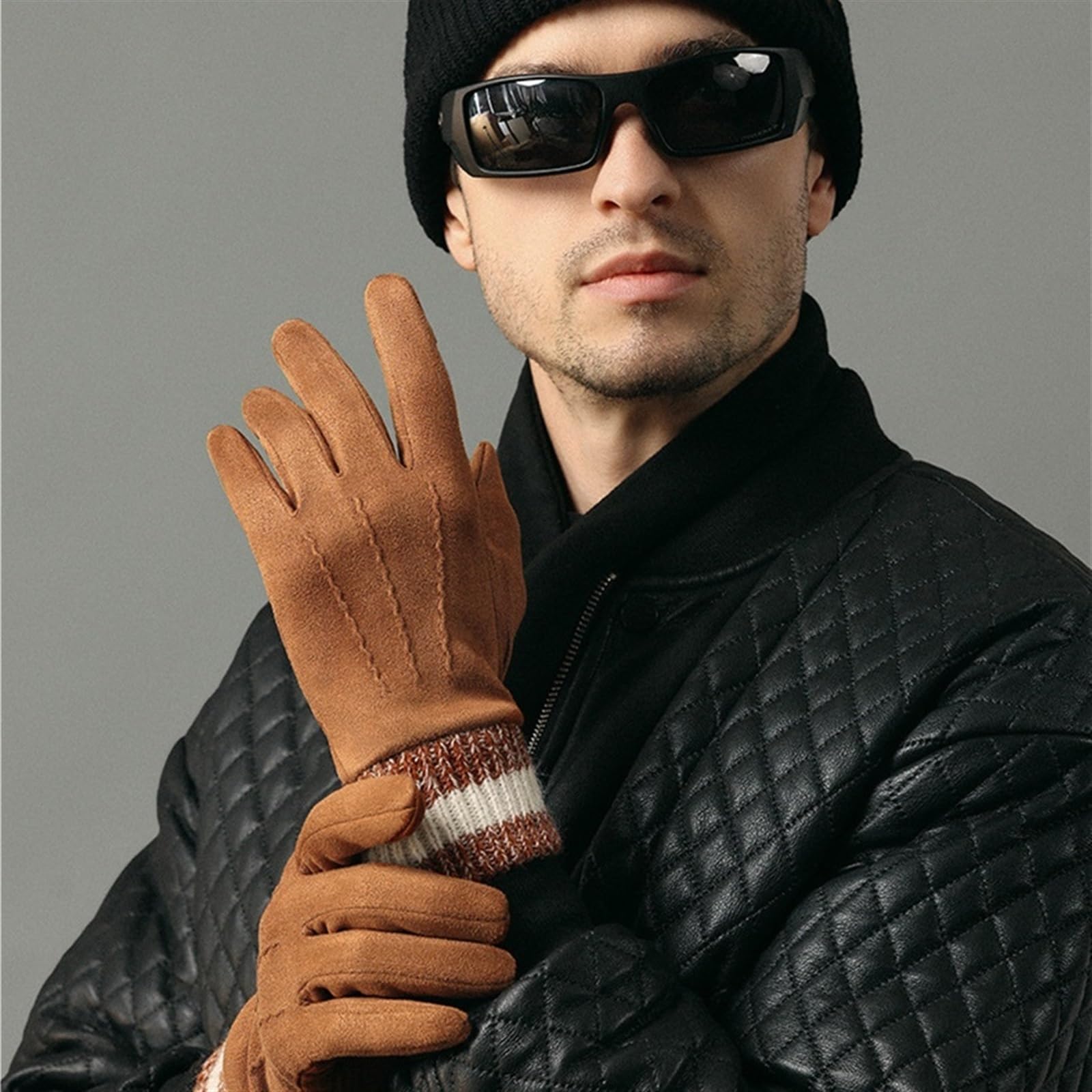 Guantes de Invierno cálidos de Gamuza for Hombre for Ciclismo al Aire Libre, Antideslizantes, antifrío, engrosados ​​y con Pantalla táctil de Piel for Hombre(Coffee)