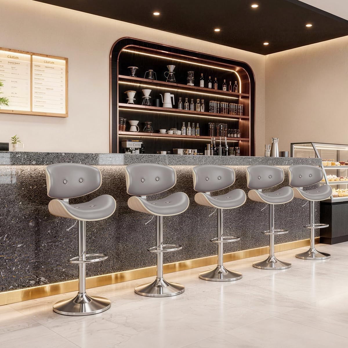 Adjustable Swivel Bar Stools Chair,Counter Height Bar Stools with Back,350 LBS PU Leather Bar Stool for Kitchen Island,Upholstered Pub Stools with Footrest (Grey, Set of 5)