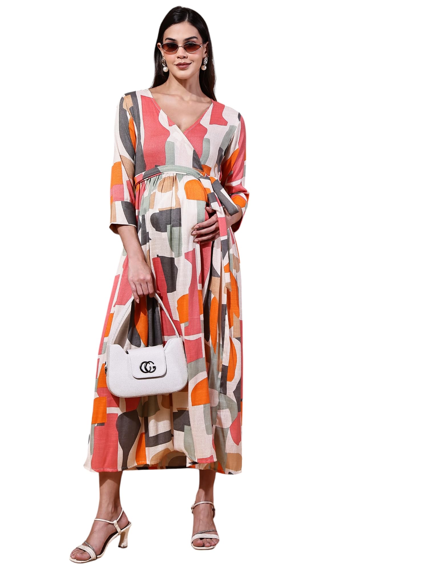 moms maternity Women's Geomatric Print Cotton Slub Grey Maternity Maxi Wrap Dress-picture-21