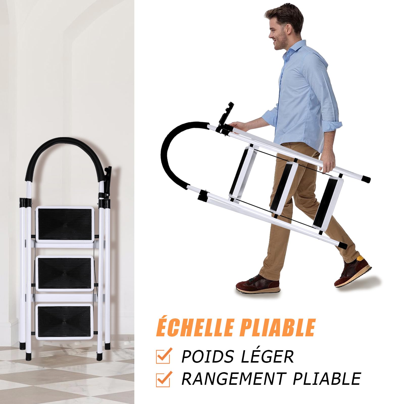 Escabeau 3 Marches Pliant,Marchepieds escamotables,Échelle en Aluminium,Marche Pied Pliable Antidérapantes,Escabeau Escamotable Légères,pour la Maison et Bureau Charge 152 kg