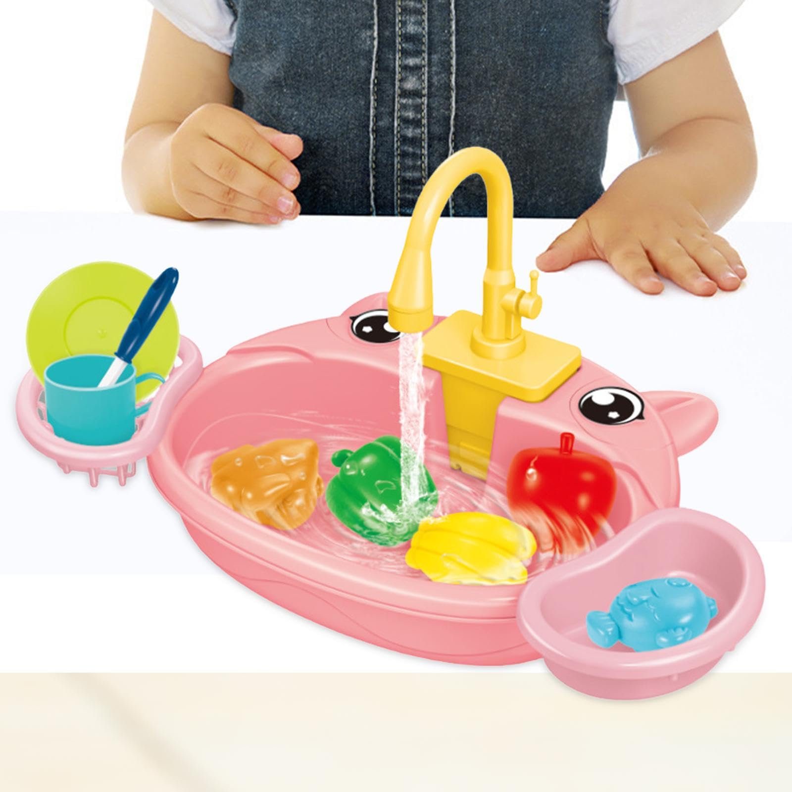 Kitchen Lavandino Giocattolo Set Bambini Simulazione Lavastoviglie Giocattolo Accessori Cucina Funzione Circolazione Acqua Adatto per Gioco, Maiale Rosa
