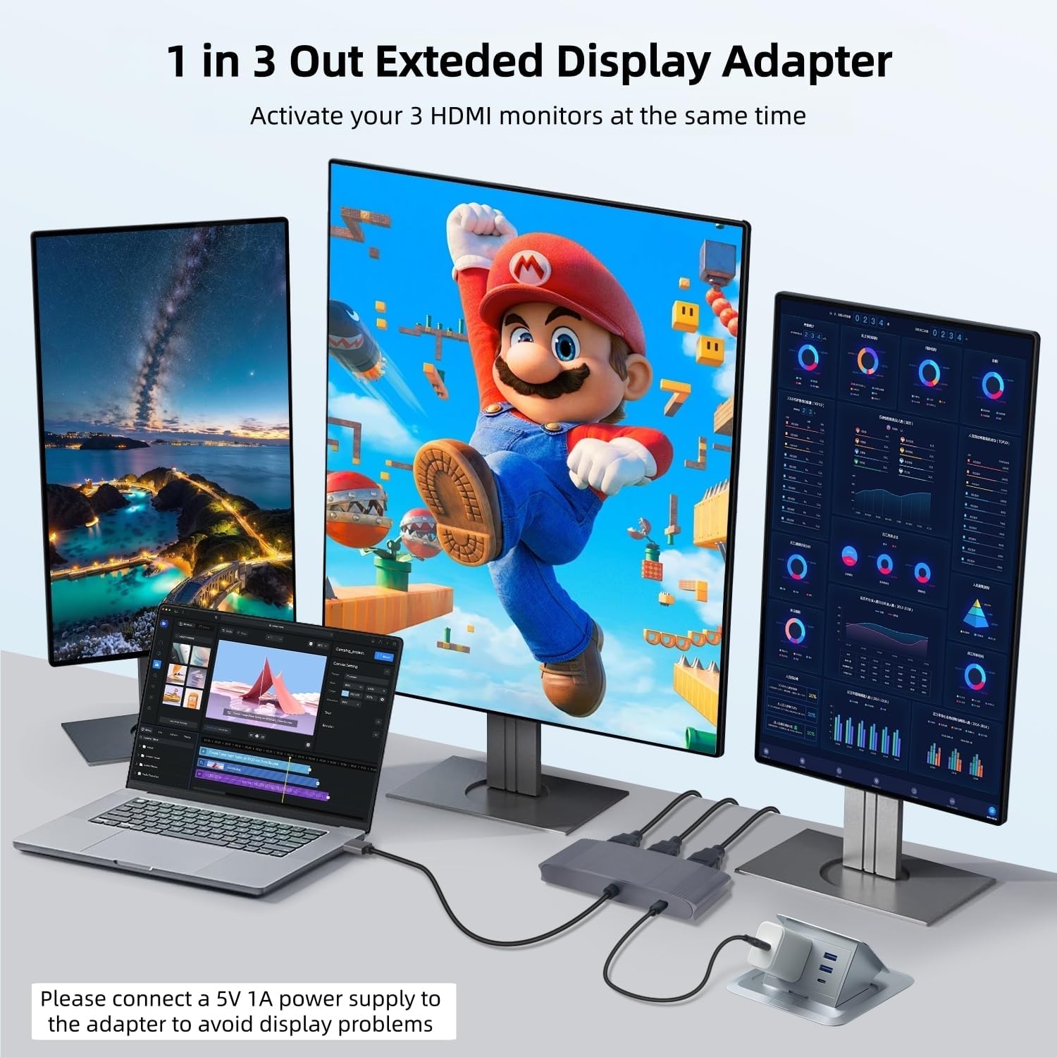 DisplayPort to HDMI Splitter for Multi Monitor Adapter, HDMI Splitter Extended Display 1 in 3 Out MST Hub (4K@60Hz) for Extended or Cloned Display Mode, DP to 3X HDMI Port with PC, NVIDIA AMD-grey