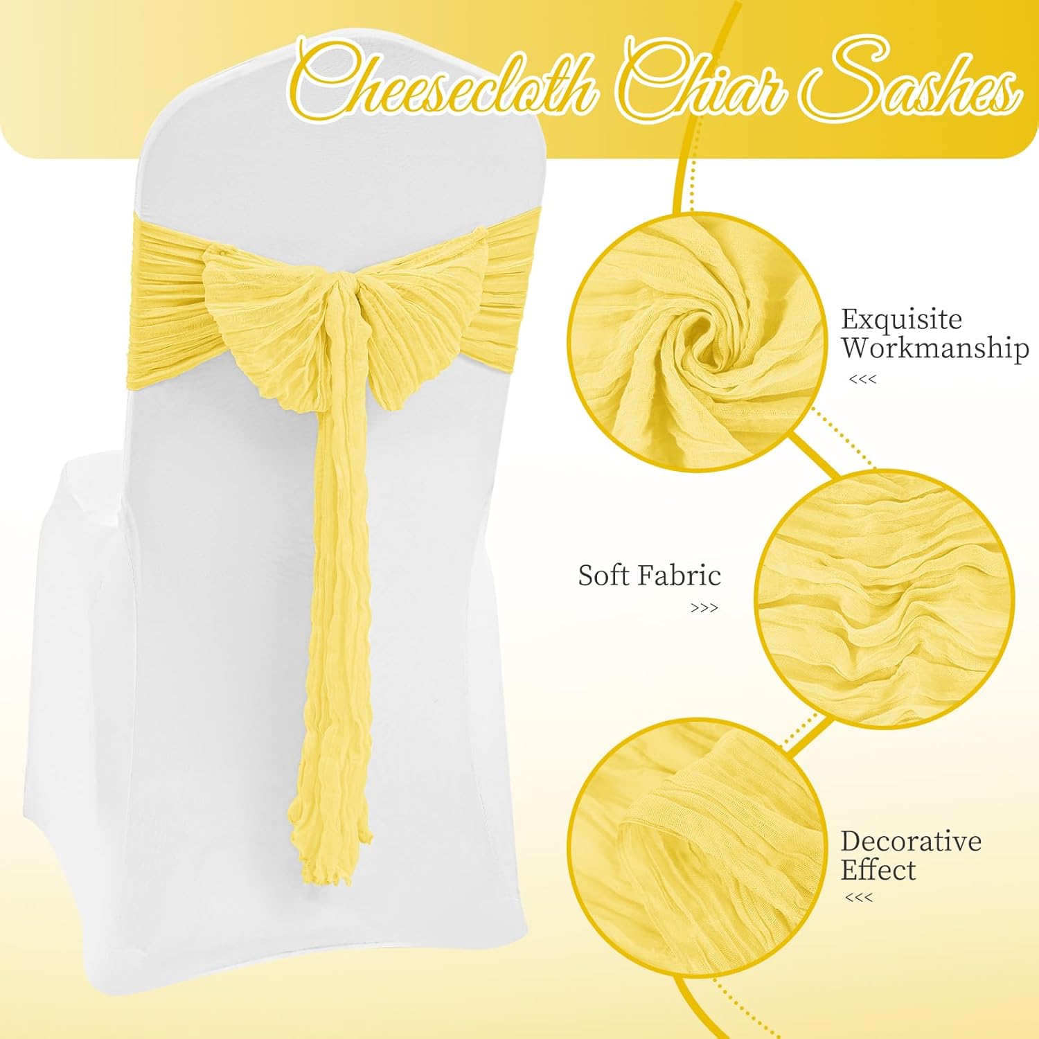 60 PCS Light Yellow Cheesecloth Chair Sashes, 16 x 108 inch Ties Bows Designed Sashes Universal Chair Covers for Rustic Wedding Banquet Party Hotel Event Aisle Home Kitchen Decoration