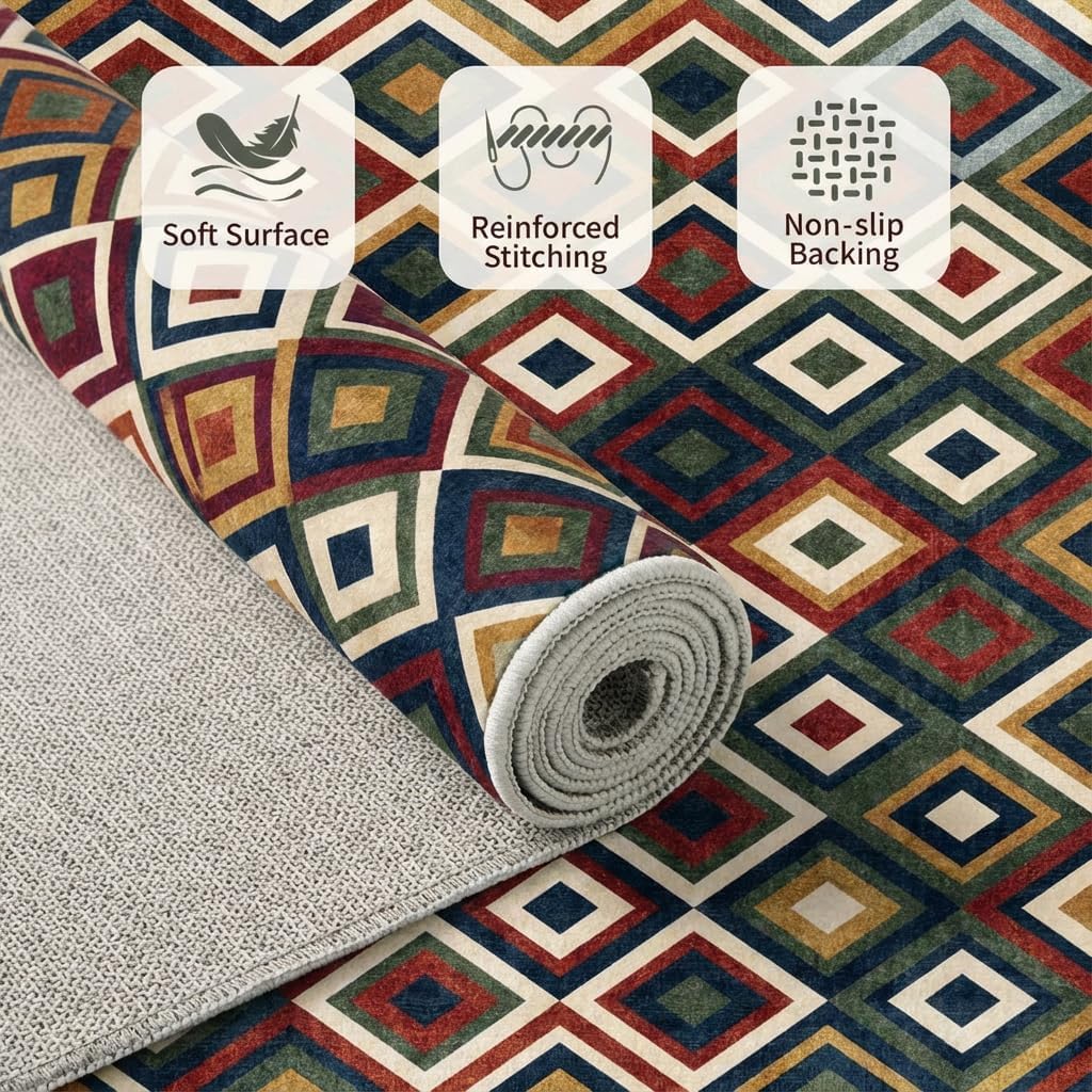 5x7 Retro Geometric Diamond Area Rug - Non-Slip Washable Low Pile, Olive Green Rust Red Navy Layered Pattern Carpet for Bedroom, Living Room, Dining Area, Home Office