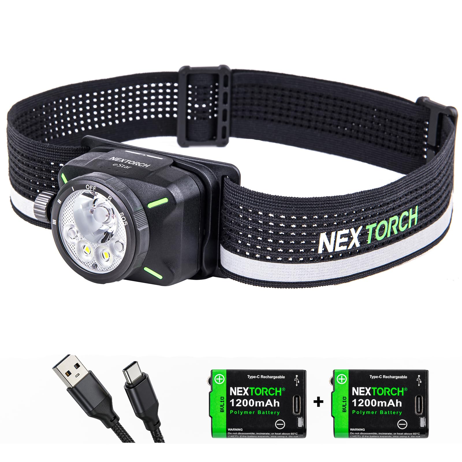 NEXTORCH eStar Stirnlampe 1300 Lumen, Aufladbare LED Kopflampe Ultraleicht mit Rotlicht, Wasserdichtes Stirnband für Outdoor, Camping, Wandern, Laufen & Joggen & Arbeit, 2 x 1200 mAh Akkus, USB-C