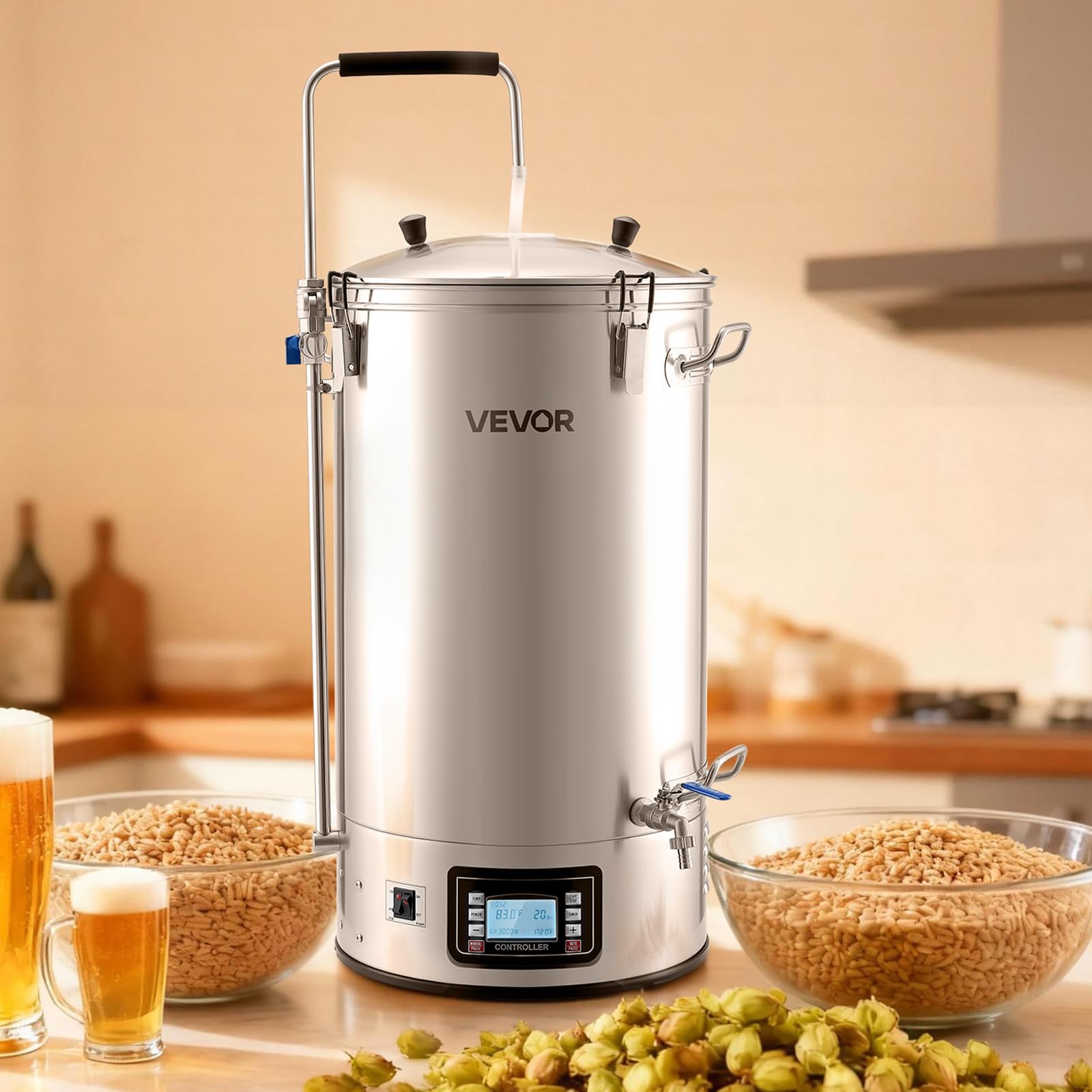 VEVOR Sistema per Produzione di Birra, Bollitore da 60 Litri per Uso Domestico, Pentola Elettrico per Produzione di Birra modalità Automatica/Manuale, Pannello di Controllo Tubo di Circolazione