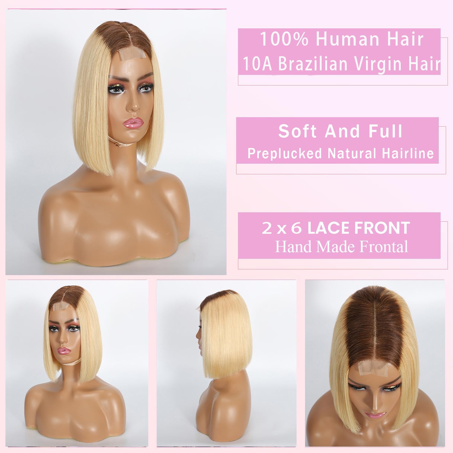 Selina Hair 2x6 HD Bob Lace Front Wigs Human Hair Ombre Blonde Bob Wig Human Hair 1B/613 Color Straight Pre Plucked with Baby Hair Unprocessed Virgin Hair for Women 10 Inch