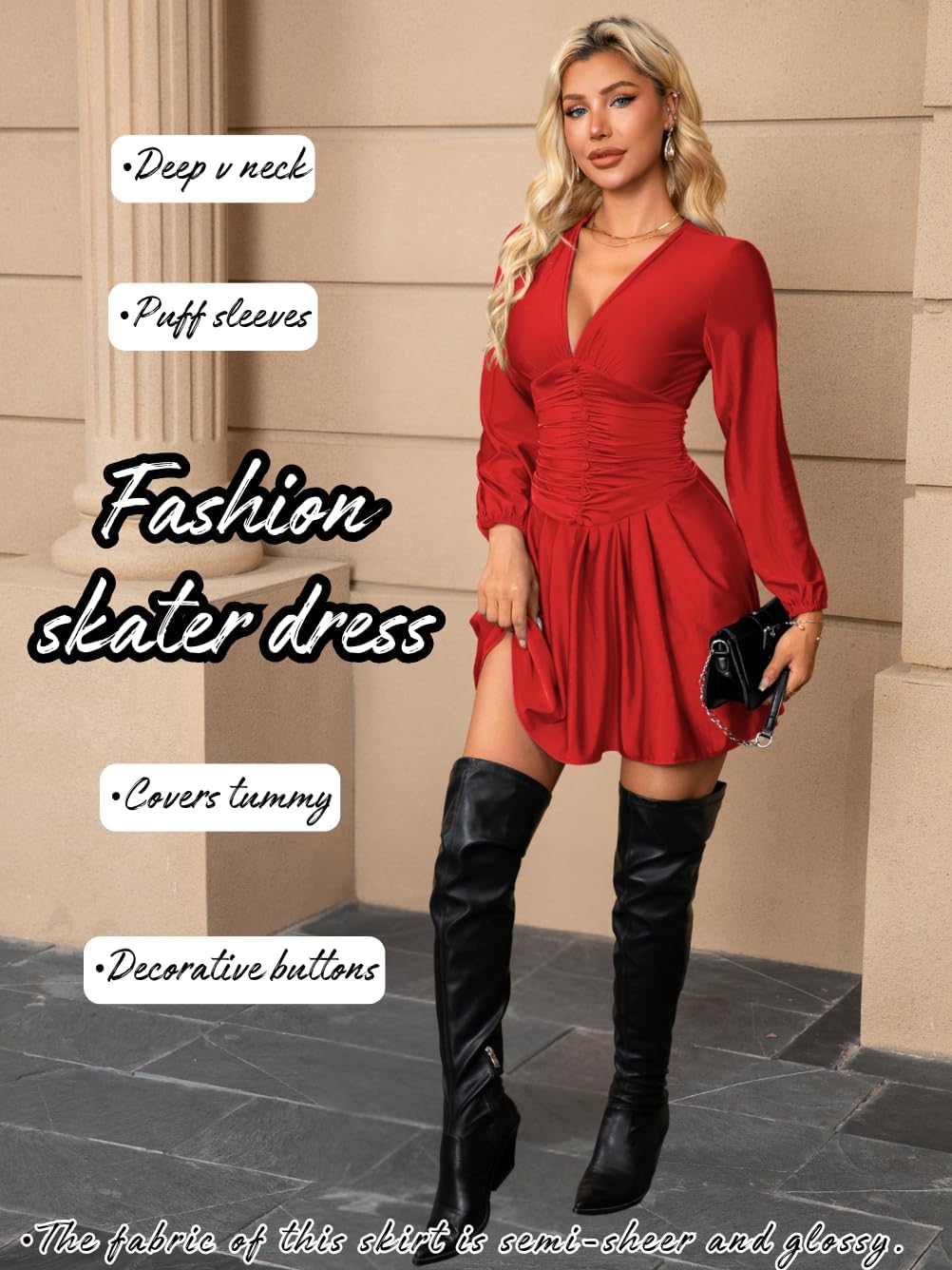 Pleated Mini Dress, V Neck A Line, Semi Formal Cocktail, Smocked Ruched Short Skater Dresses Date Night for Women - Image 2