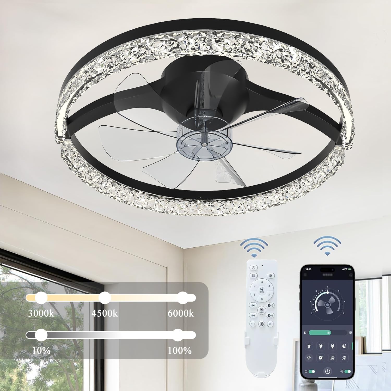 20" Profile Ceiling Fan with LED Light Kit & Remote Control,6-Speed Stepless Dimming, Color Temperature Adjustable 3000K-6500K, Flush Mount for Low Ceilings, Ideal for Bedroom,Living Room,Nursery