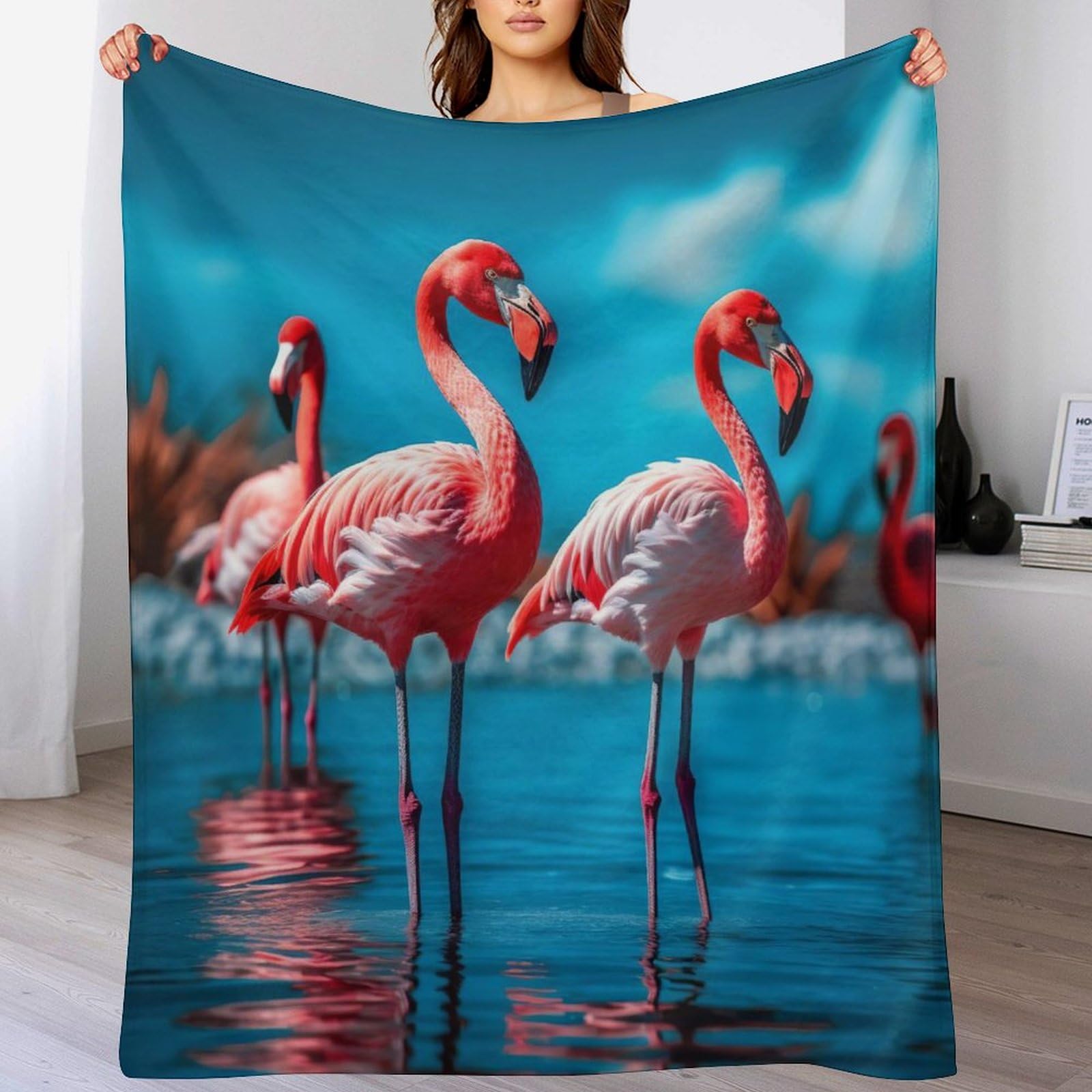 Plaid flamant rose en flannel polaire douce 100x130cm pour lit et canapé