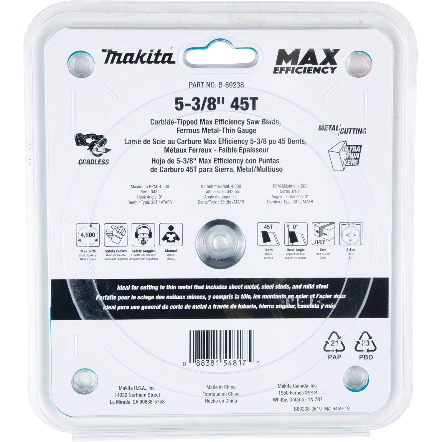 Makita B-69238 - Lama per sega con punta in carburo da 5-3/8" 45T, calibro sottile in metallo ferroso