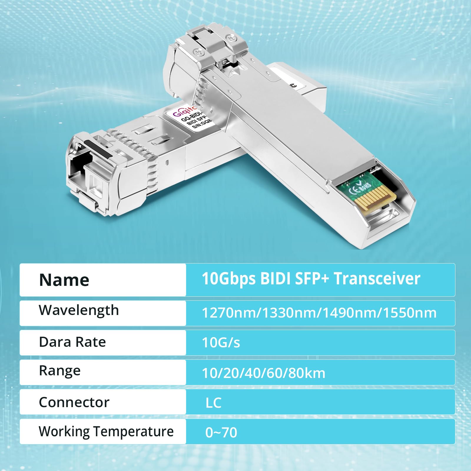 1 paire de modules 10GBASE-BX60-UD BiDi SFP+, TX 1270 nm/1330 nm, RX 1330 nm/1270 nm, 60 km DOM Simplex LC/UPC SMF réseau émetteur-récepteur optique Mini Gbic pour générique