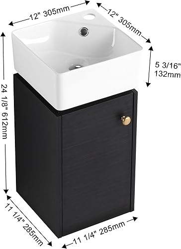 Miniatura 2 de HomVent Tocador de baño de 12 pulgadas con lavabo pequeño, lavabo esquinero, armario estrecho montado en la pared con puerta de cierre suave y parte