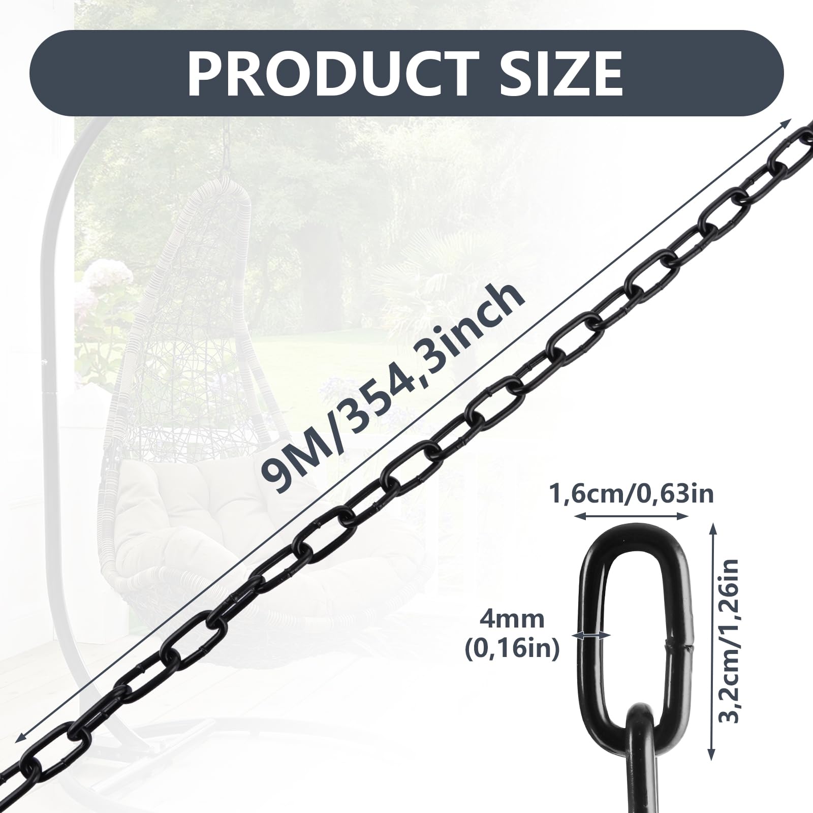 Chaîne à maillons en acier 4 mm x 9 m Vendu au mètre Noir Chaîne en acier au carbone Chaîne en métal pour chien Chaîne à bascule Chaîne d'ancre Fauteuil suspendu