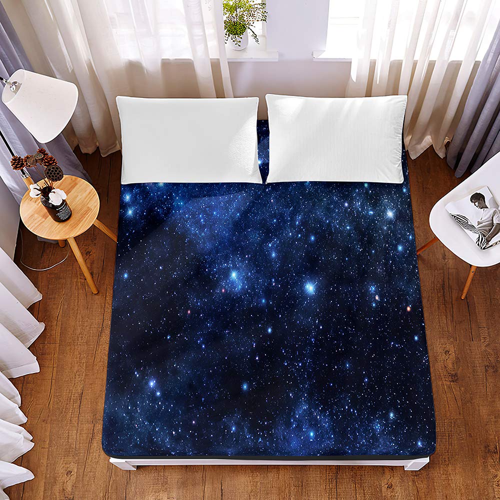 Chickwin 3D Fitted Sheets Premium Microfibre Bedding Sheets with Deep Pocket 30cm for Double King Single Size Bed - Shrinkage Fade Resistant Easy Care - Starry Sky Printed (Blue,200x200x30cm)