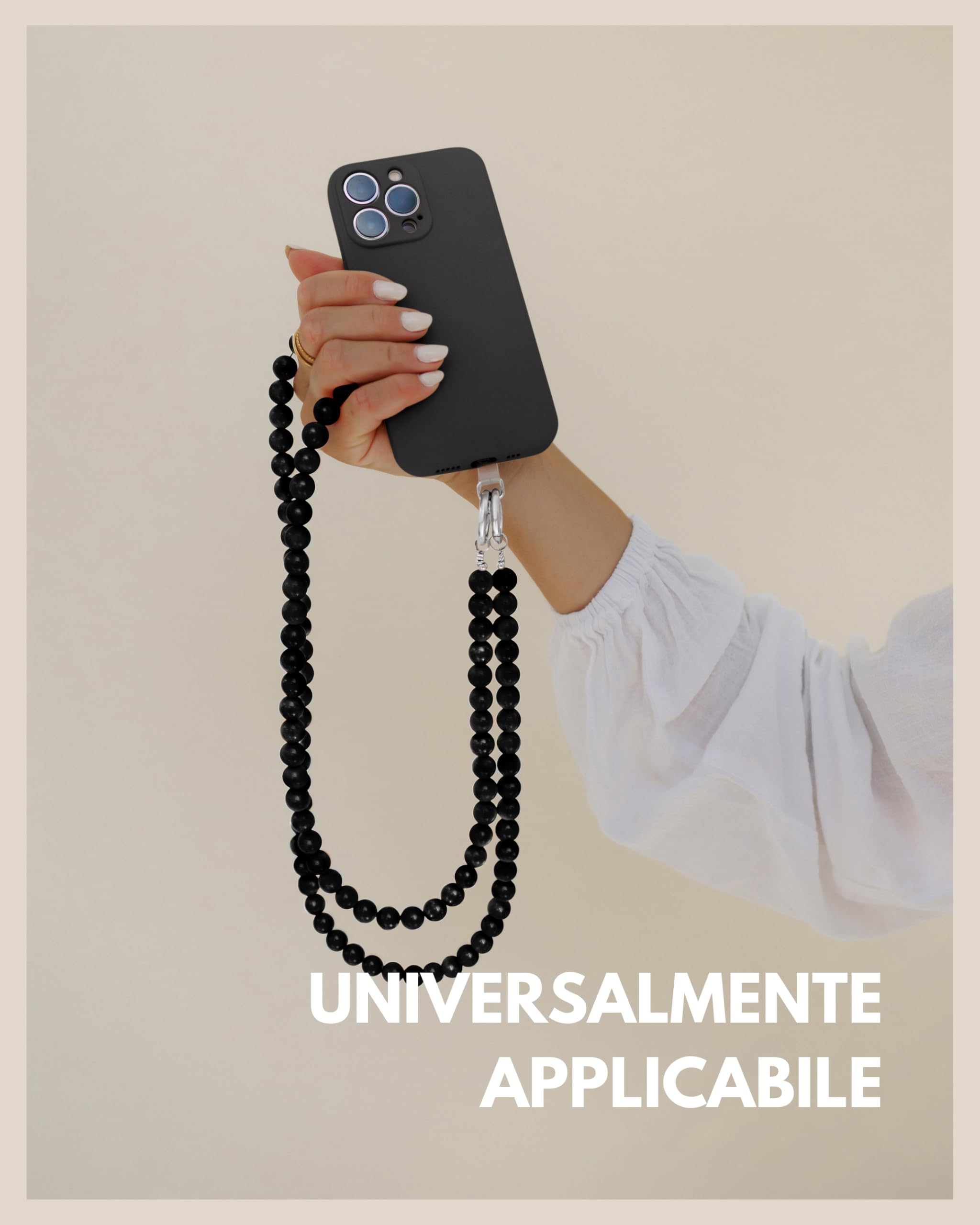 GD GOOD.designs Catena per cellulare con perline - Cinghia universale con patch per ogni custodia per cellulare | Cinghia per cellulare da indossare (lunghezza 130 cm)