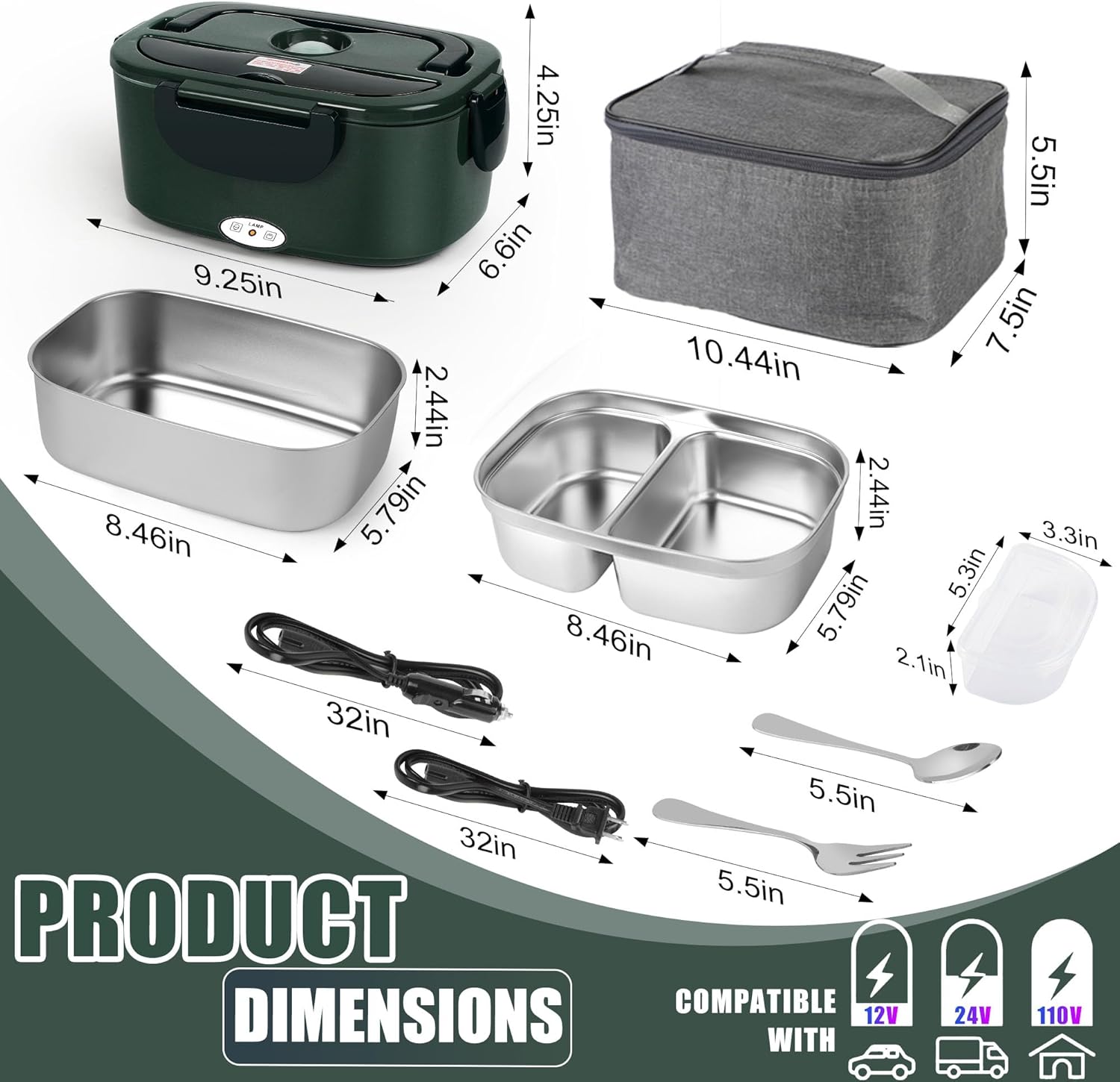 Electric Lunch Box for Adults - 1.5L Single/Double Layer Stainless Steel Food Warmer - 80W Fast PTC Heated Lunchbox, 12V/24V/110V Portable Food Heater for Car&Truck, Office, Camping, Travel(Green) - Image 7