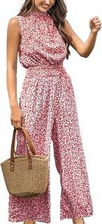CUPSHE Women's Floral Mock Neck Sleeveless Wide Leg Jumpsuit with Pockets