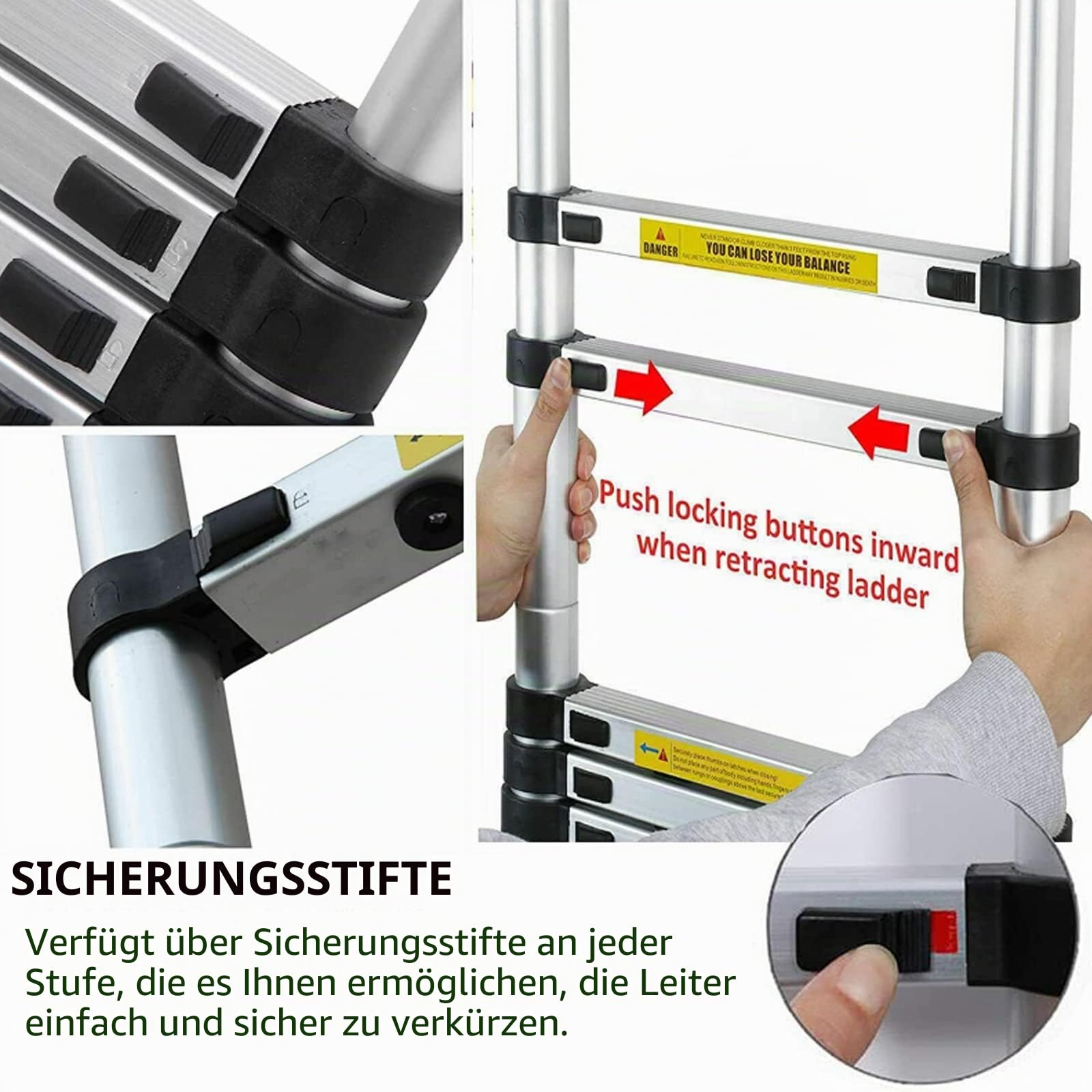3,8 m/12,5 Fuß ausziehbare Teleskopleiter – strapazierfähige Edelstahl-Mehrzweck-Leiter für Dachboden, Garten, Dach und Treppen, einziehbare Leiter mit Sicherheitsknopf, verstellbare Stufe, zum