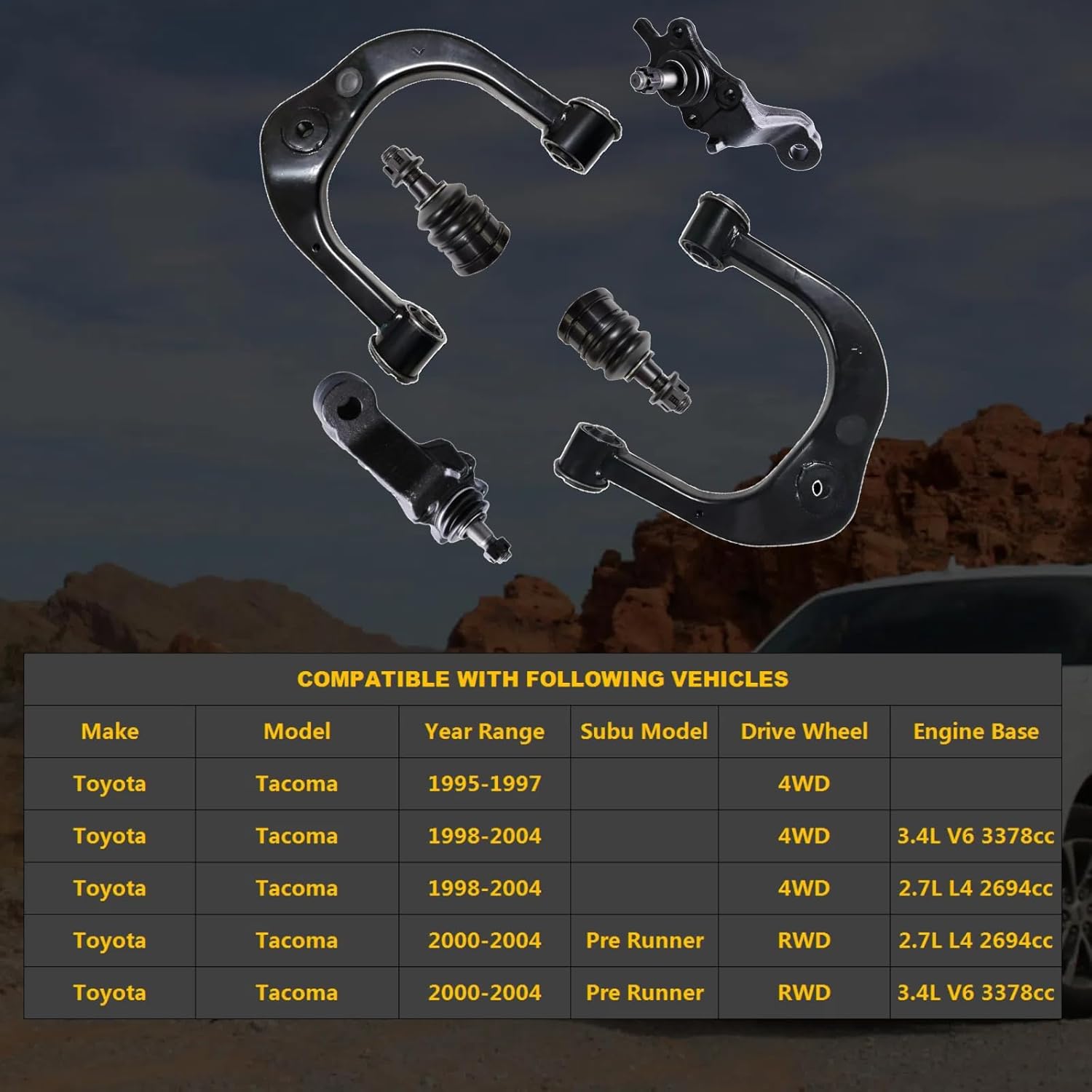 Front Upper Control Arm and Upper Lower Ball Joint Kit 6pc K640609 K640610 K90255 K90258 K90259 for Toyota Tacoma 1995-1997 4WD & 1998-2004 4WD 2.7L 3.4L & 2000-2004 RWD 2.7L 3.4L, Suspension Kit