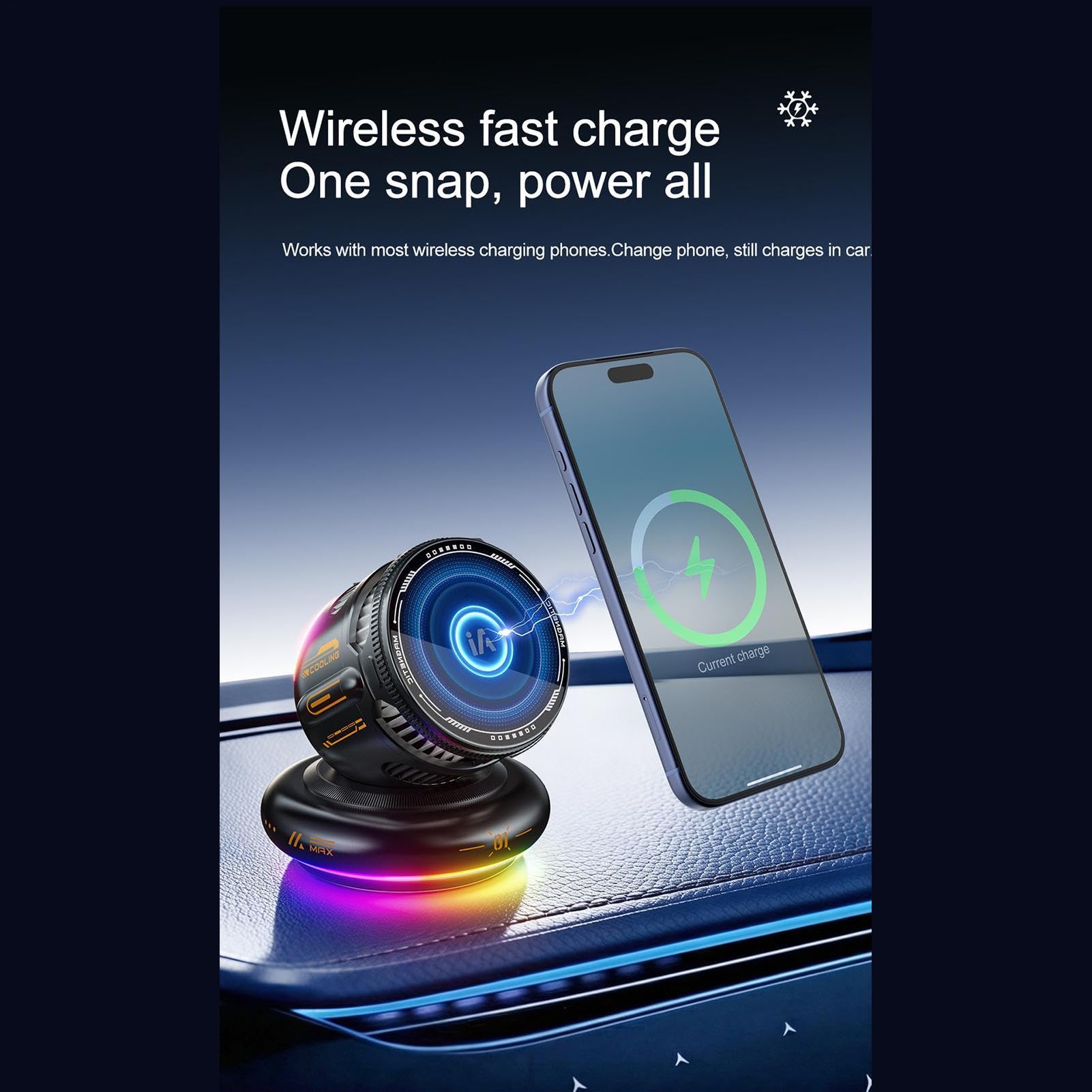 Supporto Telefono Auto Caricatore Wireless Raffreddato 15W Rotante 360° | Supporto Auto con Ricarica Wireless Per SUV, Camper, Berlina, Veicoli, Casa, Ufficio, Scrivania E Comodino