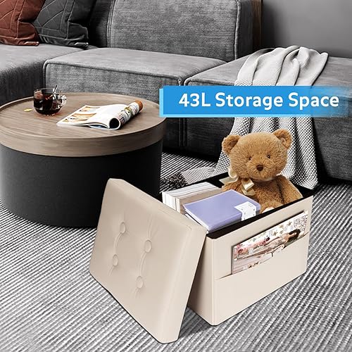 Miniatura 7 de Otomana con taburete de almacenamiento, otomana plegable de almacenamiento de 17 pulgadas, reposapiés tapizado de cuero con bolsillos laterales,