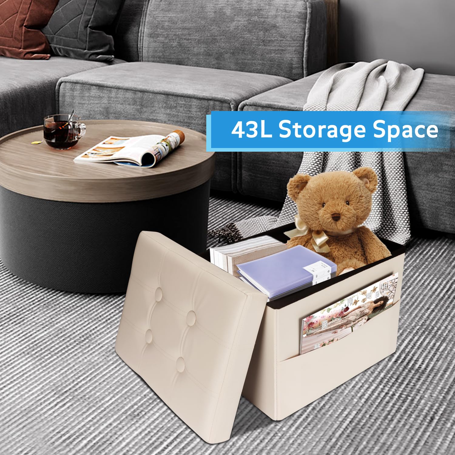 VewePata® Storage Ottoman Foot Rest Footstool with Side Pocket,17 Inch Leather Ottoman with Storage for Living Room or Dorm Storage,Folding Ottoman Padded with Thick Sponge,17X13X13in Beige