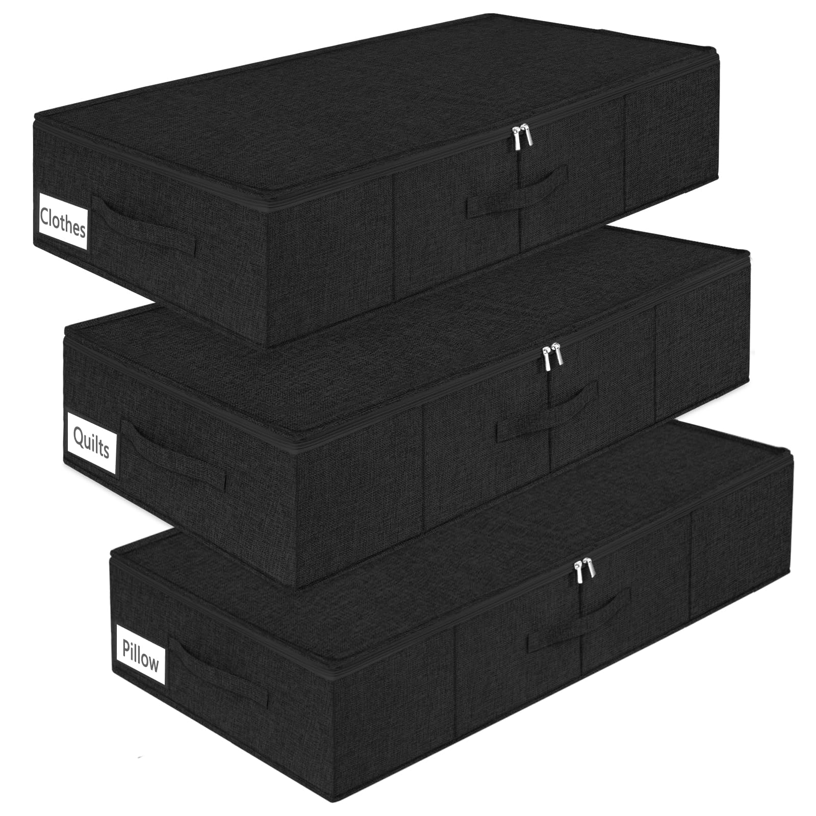 Mepure Black-3Pack Under Bed Storage Boxes – 3 Pack Foldable Underbed Storage Organisers With Lids, Sturdy Fabric Boxes With 3 Handles, Space Saving Storage Bags For Bedding, Quilts And Clothes – Black