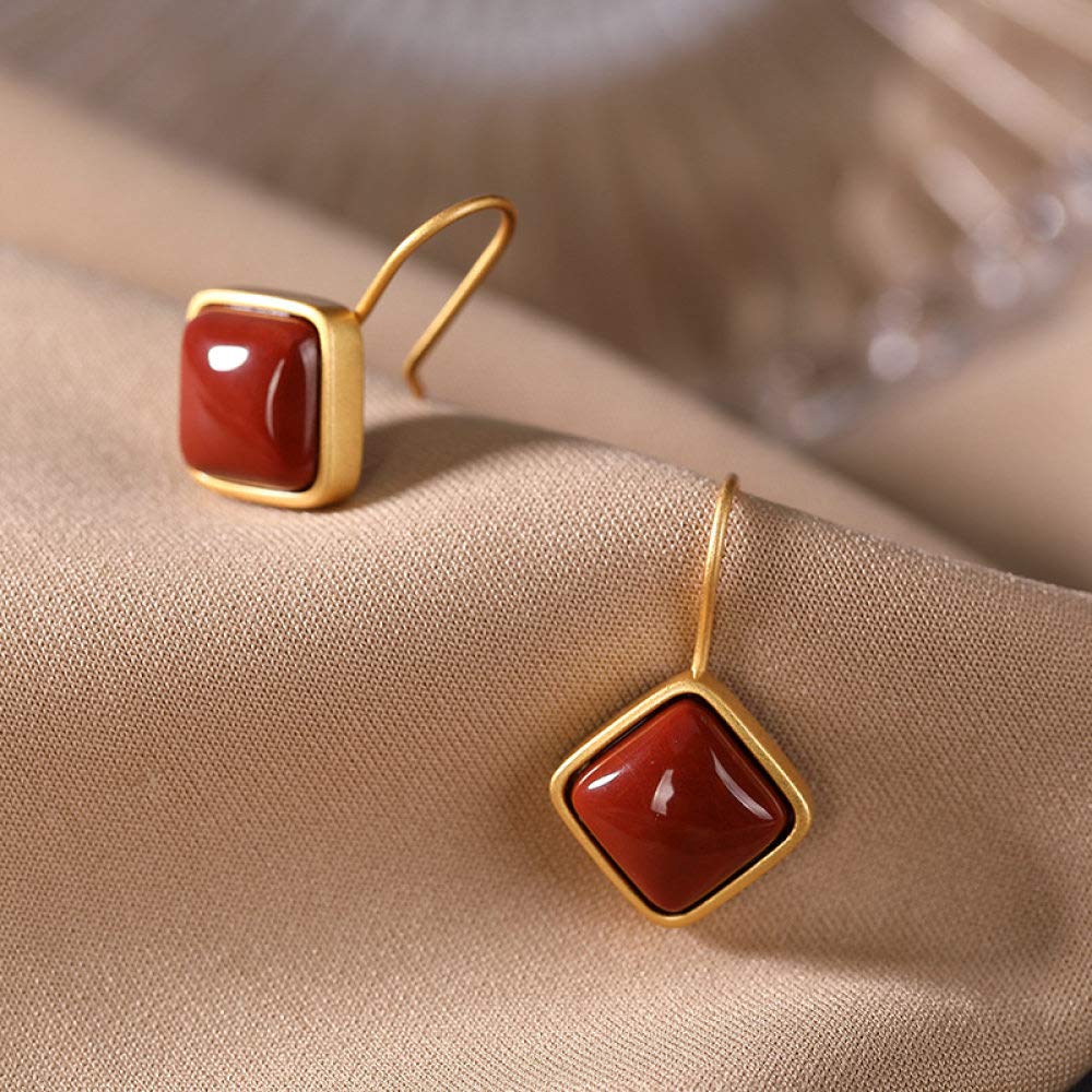 Vintage Largo Aretes De Plata Esterlina S925 Mujeres Chapado En Oro Geometría Ágata Roja Encanto Elegante De Estilo Chino De Gama Alta De Temperamento Temperamento Don