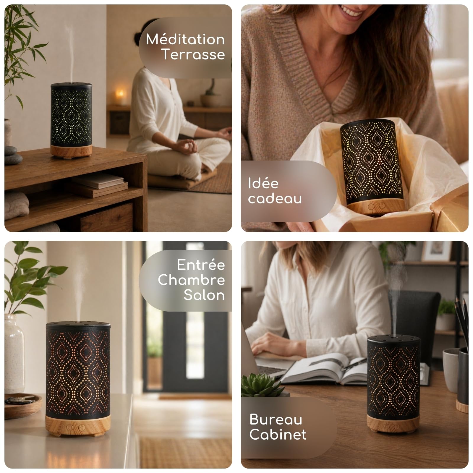 Zen’Arôme Diffuseur Ultrasonique Aromathérapie Séville, Diffusion Huile Essentielle à Froid, Diffuseur Électrique avec Télécommande, Éclairage LED Personnalisable, Coque en Métal avec Motif Original