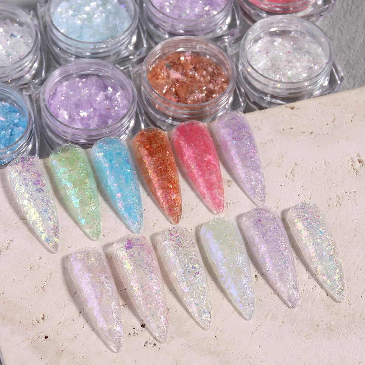 Holographic Nail Art Glitter Iridescent Flakes, 12 Colors Aurora Irregular Opal Nail Foil Flakes Ultra-Thin Nail Glitters Sequins Manicure Decorations for DIY Gel Polish Nail Art, Resin Craft, Gifts