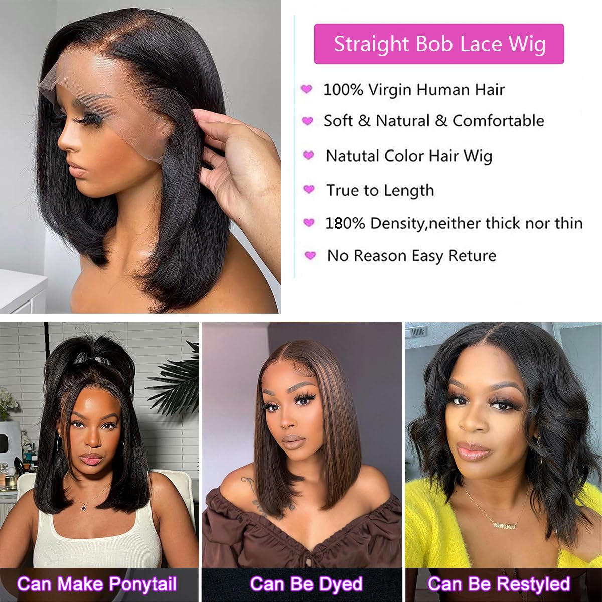 13x6 Straight Bob Wig Human Hair Glueless Bob Lace Front Wigs Human Hair Pre Plucked 180% Density Short Bob Human Hair Wigs for Black Women Natural Black Color(14 Inch)