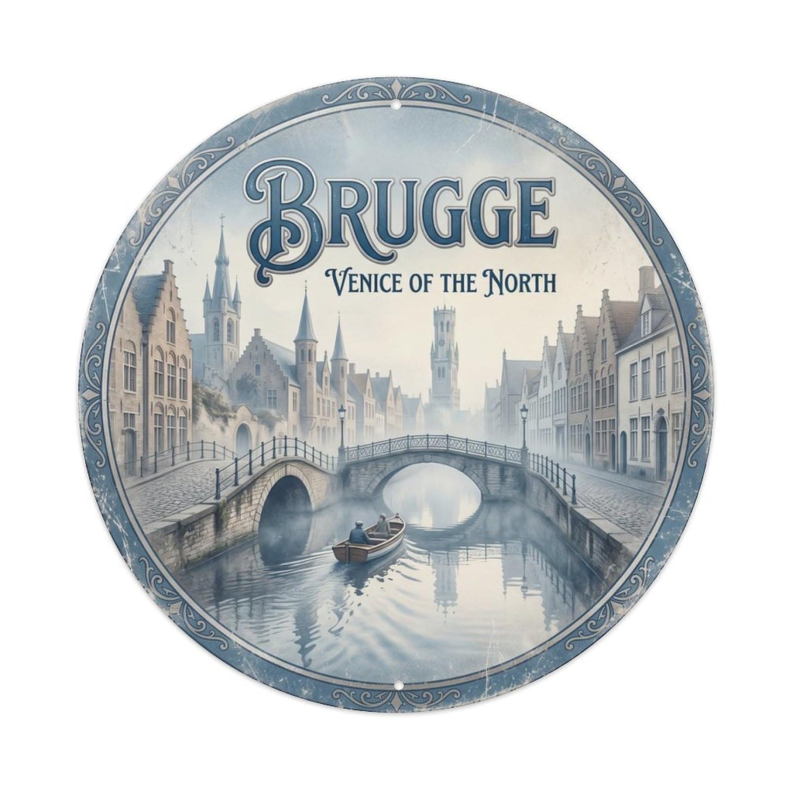 Vintage Travel Bruges Waterways Belgium Metal Tin Sign Plaque Wall Decor for Cafe, Club Bar, Office, Home Garden Round Metal Poster 8x8Inch
