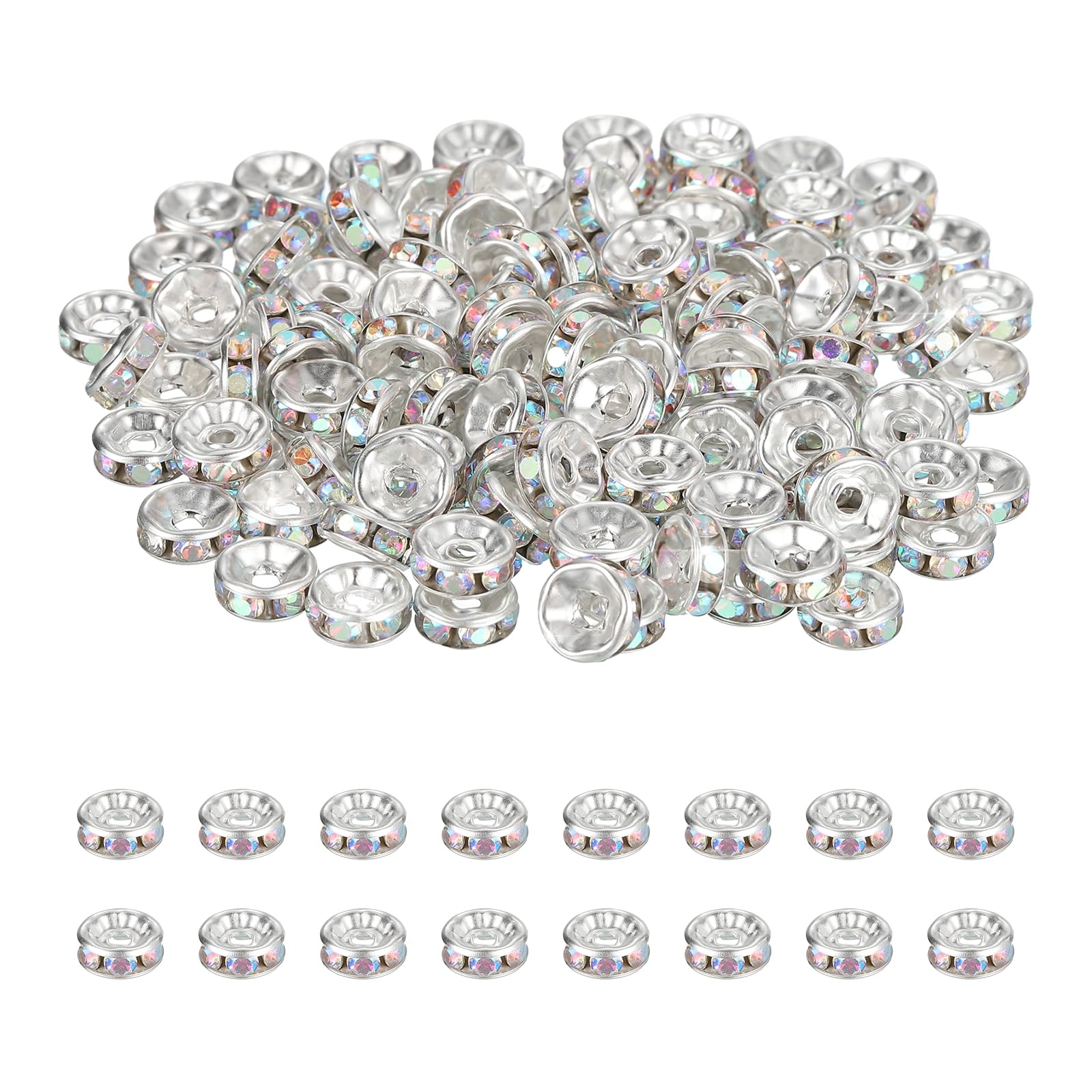 PATIKIL 8mm Rondelle Spacer Bead, 200 Pcs Crystal Rhinestone Loose Bead Spacers for Jewelry Making, DIY Bracelets, Necklace, Silver/AB White