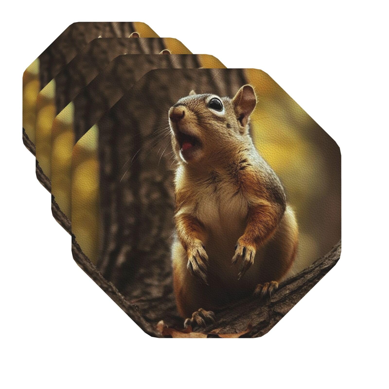 Drink Coasters Set of 4 Quick-Dry Leather Coaster Squirrel Sticks out Tongue Coasters for Drinks Coffee Cup Mat Tabletop Protection Heat Resistant Coaster for Kitchen Bar Office Home Decor