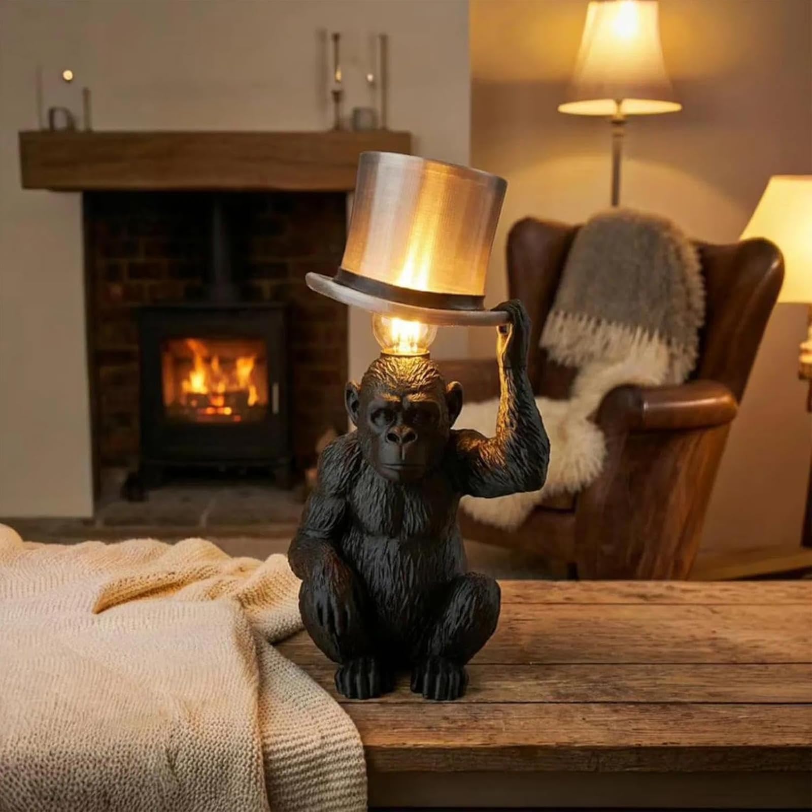 HTU Lampada da tavolo scimmia con cappello cilindro, decorativa e creativa, ideale per ufficio e stanza, 2 pezzi