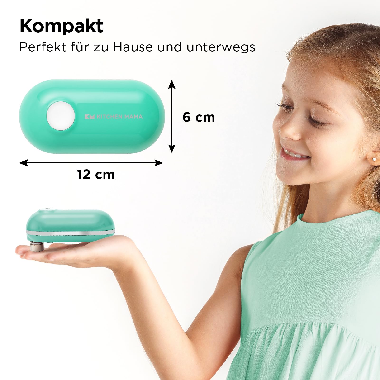 Kitchen Mama Mini Plus Wiederaufladbarer elektrischer Dosenöffner: Kompakt, Aufladen über Typ-C Ladekabel, freihändig, automatische Abschaltung, glatte Ränder, lebensmittelecht (Türkis)