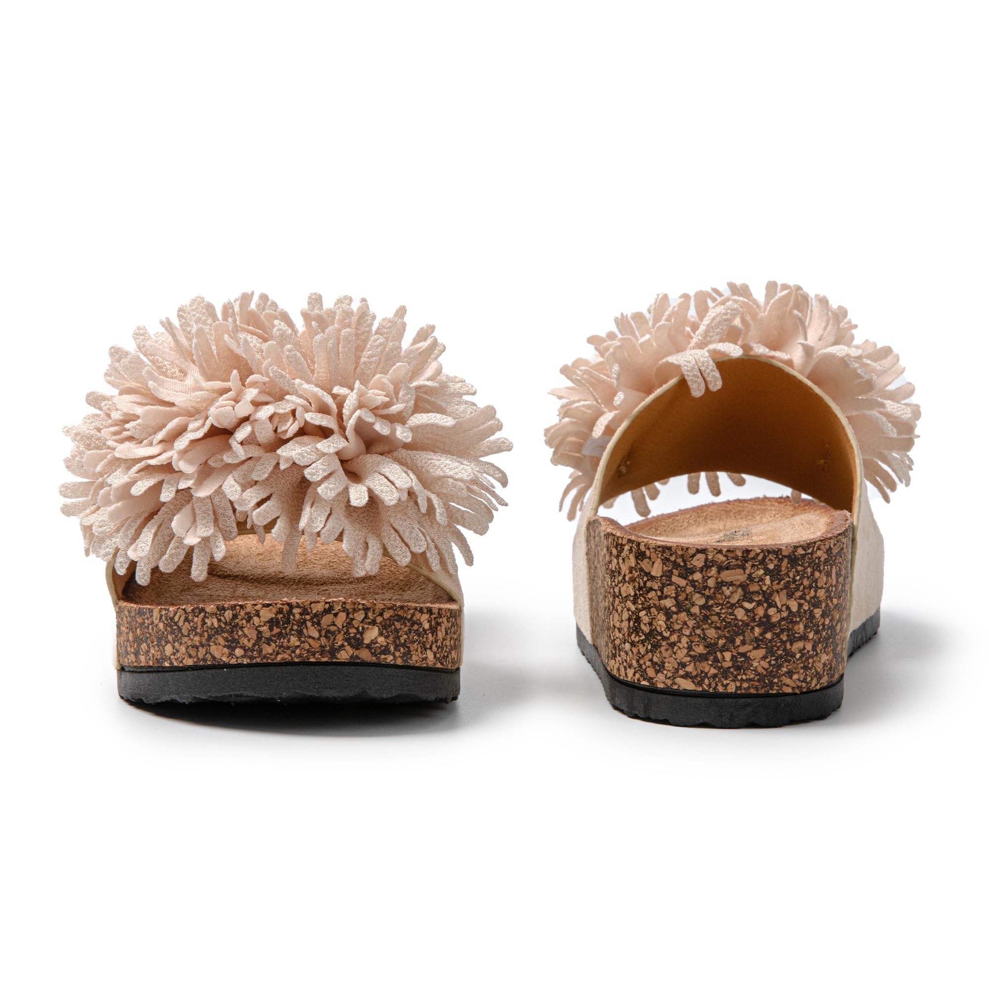 JOMIX Pantoletten Damen Sommer Sandalen mit Kork Fußbett Elegant Flach Strandsandalen Weiche Blumen Wandern Meer Strand Slipper