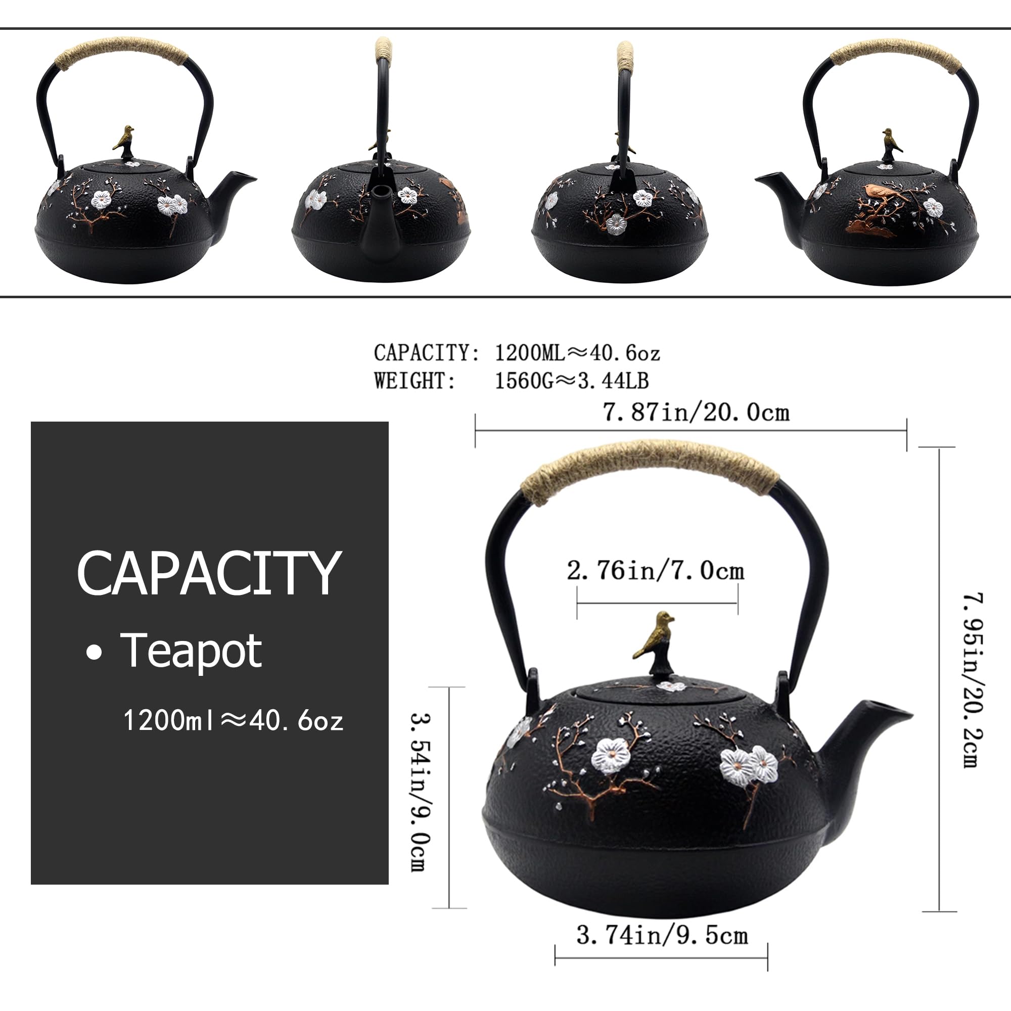 Teekanne aus Gusseisen, japanischer Stil, Tetubin, Teekessel mit herausnehmbarem Edelstahl-Ei für Herdplatte, Teekanne aus Emaille, blaues Eisen, für Kaffee, Teebeutel, Pflaumenblüten, 1200 ml